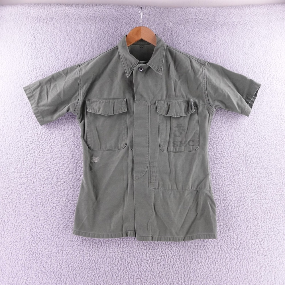 Vintage 60s 70s USMC OG-107 Military Utility Shirt Olive Drab Green Stencil